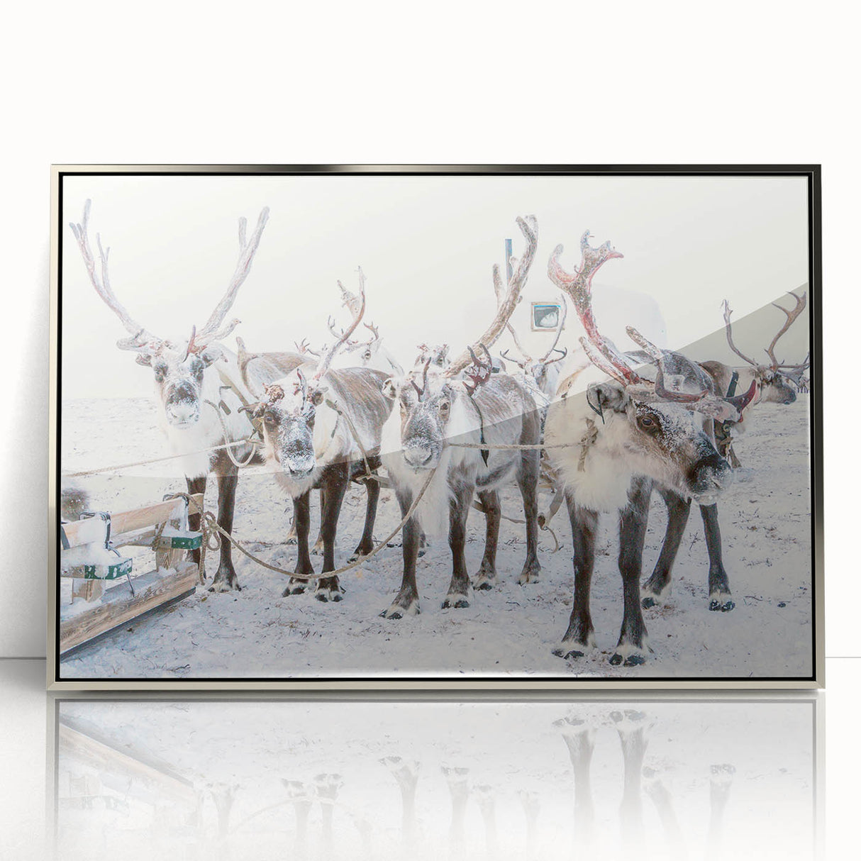 Mid-century modernist art depicting a winter scene in muted blue and white tones, framed acrylic.