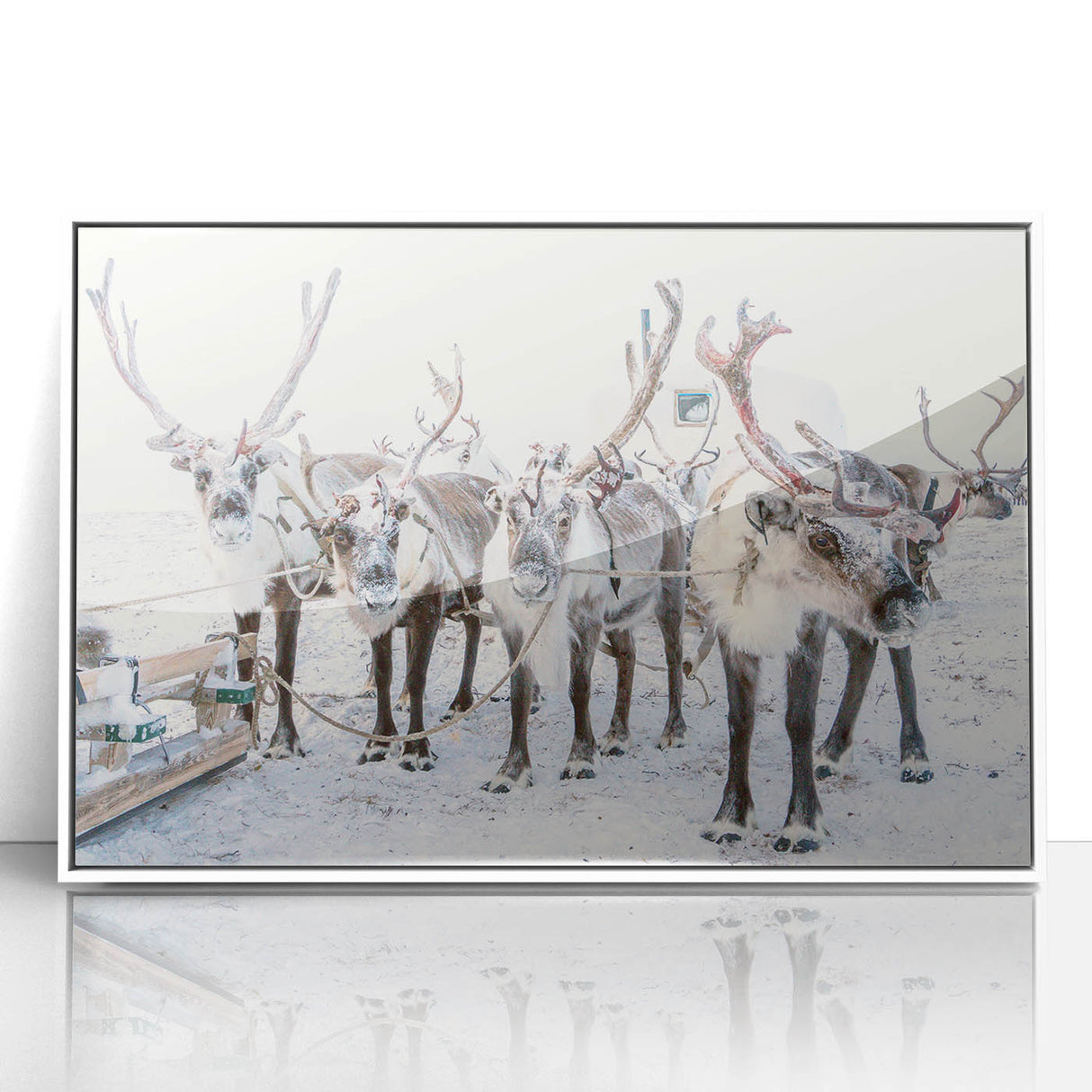 Art deco poster of a winter scene in muted gray and blue tones, framed acrylic, ideal for nursery wall decor.