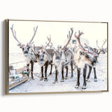 Winter landscape painting on framed canvas, featuring snow-covered trees in muted white and gray tones.