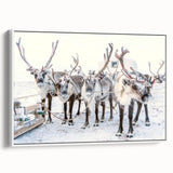 Winter scene vintage poster art on framed canvas, featuring a snowy landscape in muted white and gray tones.