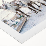 Art deco poster depicting a winter scene in muted blue and white tones, printed on rolled canvas.