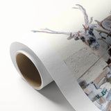 Art Deco poster featuring a winter scene with muted blue and white tones on rolled canvas, ideal for nursery wall art.