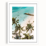 Abstract art print featuring swirling blue and white patterns on a framed canvas, suitable for bedroom or dining room decor.