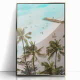 Mid-century modernist art depicting geometric shapes in muted tones on a silver-framed acrylic print.