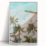 Art deco poster featuring a stylized summer scene in pastel shades, acrylic print in white frame.