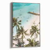 Landscape art painting on a silver-framed canvas depicting a colorful, vintage poster-style scene.