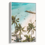 Vintage poster art on framed canvas featuring colorful abstract design, ideal for living room decor.