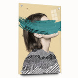 Abstract figurative acrylic art piece displayed in a glass frame, showcasing vibrant colors and intricate designs. This side view highlights the striking visual elements and unique pin details, perfect for contemporary home decor.