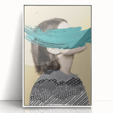 Abstract figurative artwork framed in white acrylic, showcasing vibrant colors and dynamic shapes, perfect for modern home decor or art collectors.