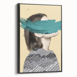 Abstract figurative framed canvas artwork with a black border, showcasing vibrant colors and unique shapes, ideal for modern home decor or artistic spaces.