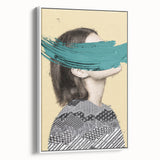 Framed abstract figurative artwork on a white canvas, showcasing vibrant colors and dynamic shapes, perfect for modern home decor. The side view highlights the sleek frame, adding an elegant touch to contemporary interiors.