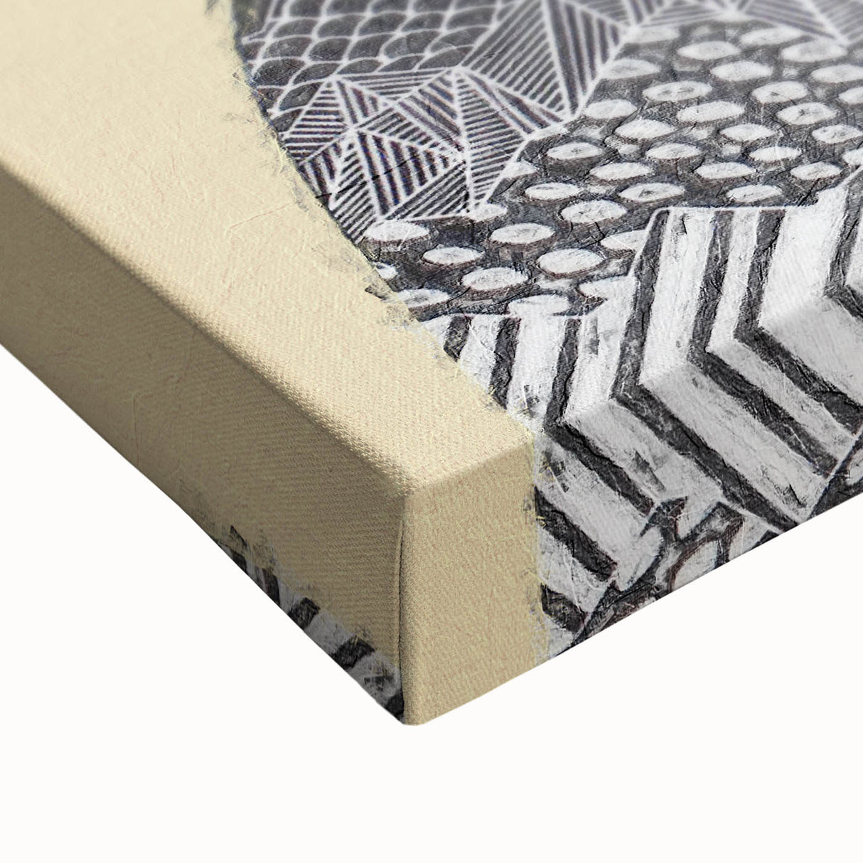 Close-up view of a vibrant abstract figurative stretched canvas artwork, showcasing bold colors and intricate textures, perfect for modern home decor.