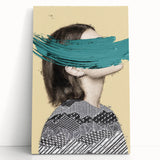 Abstract figurative canvas art showcasing vibrant colors and dynamic shapes, elegantly leaning against a neutral wall, perfect for modern home decor.