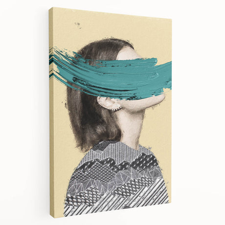Abstract figurative stretched canvas artwork showcasing vibrant colors and dynamic shapes, ideal for modern home decor, viewed from the side to highlight its depth.