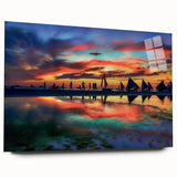 Abstract landscape wall art printed on acrylic glass, showcasing vibrant colors and fluid shapes, elegantly displayed in a side view without pins, perfect for modern decor.