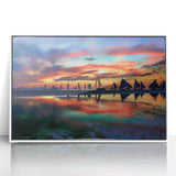 Framed abstract landscape wall art featuring soft hues of blue and green, set in a sleek white frame, designed to enhance modern home decor.