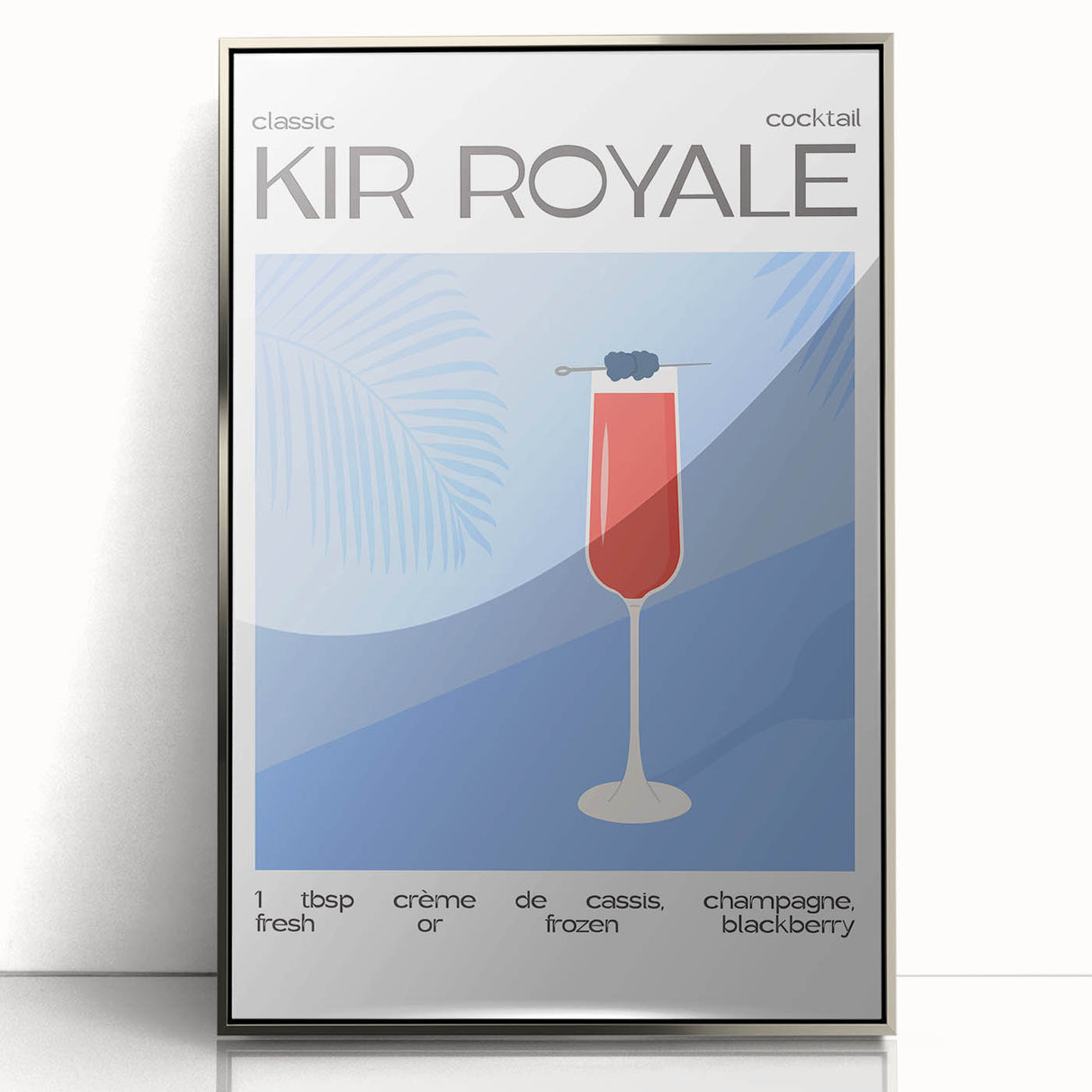 Art Deco poster featuring a stylized cocktail, in silver and black tones, acrylic framed, suitable for modern art wall decor.