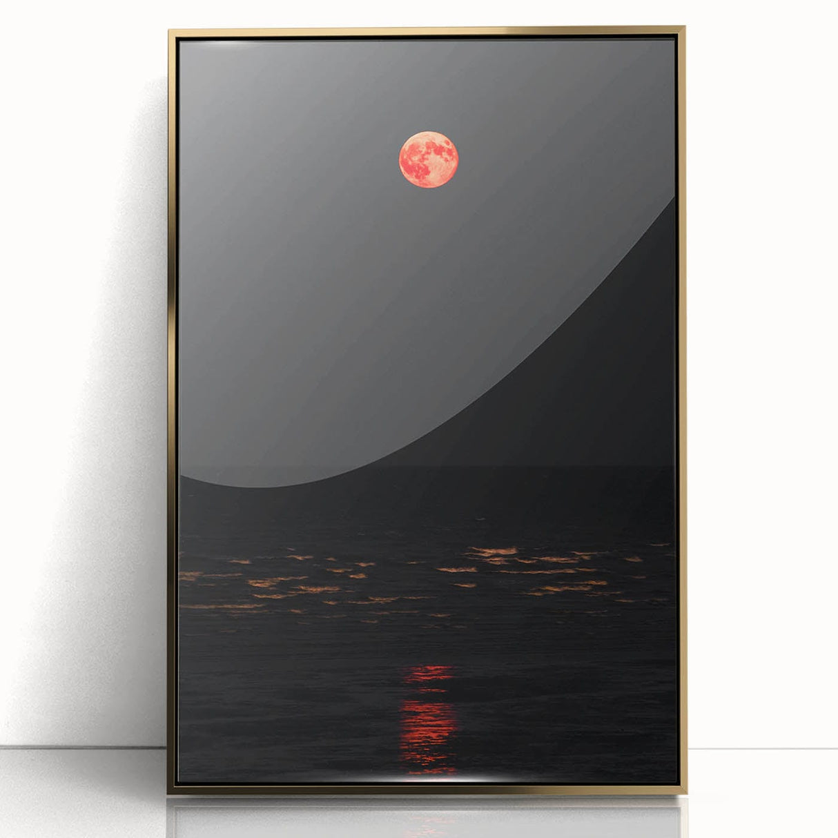 Large art print of a mid-century modernist autumn scene in gold and orange tones on acrylic, ideal for modern art wall decor.