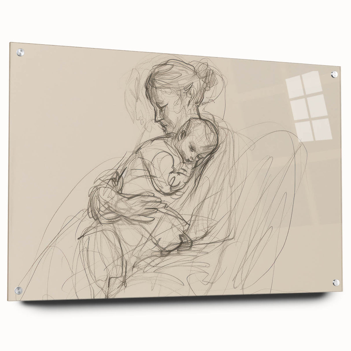Abstract figurative acrylic artwork displayed in a glass frame, showcasing vibrant colors, dynamic shapes, and intricate pin details that enhance its modern aesthetic.