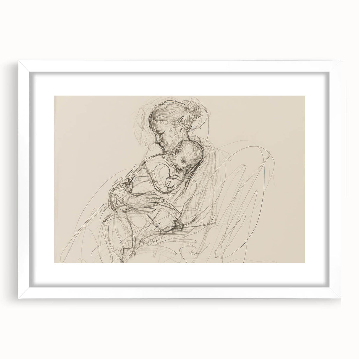 Abstract figurative art frame with a white mat, showcasing a modern design that highlights vibrant colors and intricate shapes, ideal for contemporary decor.