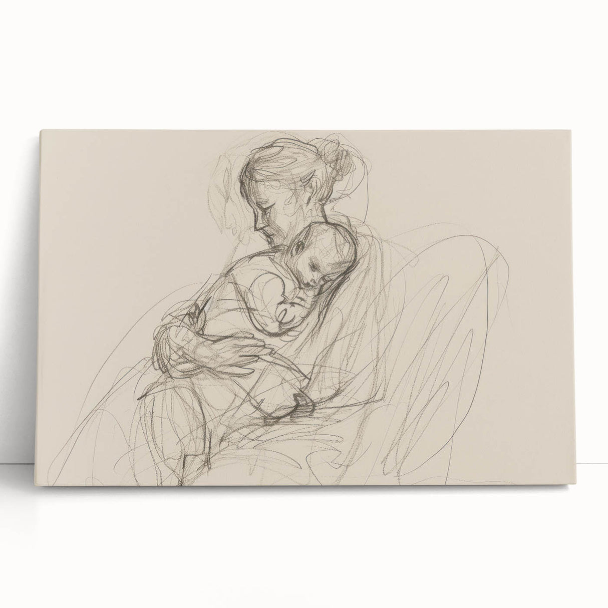 Abstract figurative stretched canvas artwork leaning against a neutral wall, showcasing vibrant colors and dynamic shapes that create a modern artistic expression.