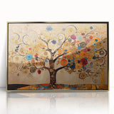 Framed wall art featuring vibrant abstract floral design with gold accents, ideal for modern home decor, adding a touch of elegance and color.