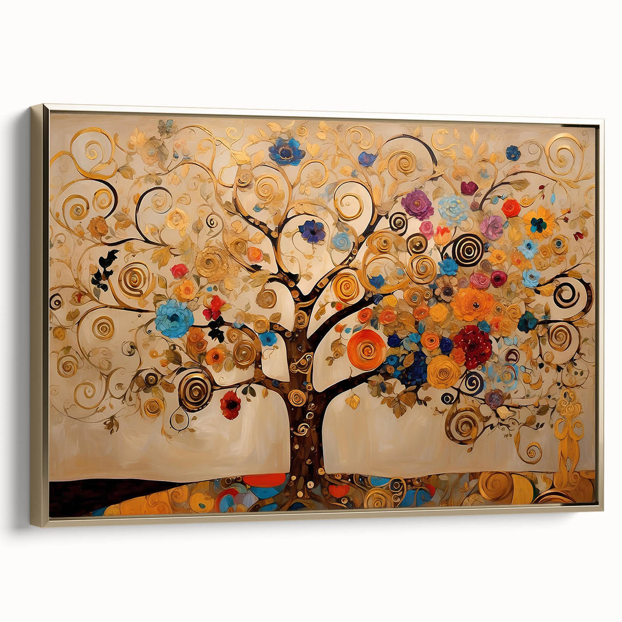 Framed canvas wall art showcasing abstract floral design in vibrant colors with gold accents, displayed in a stylish setting that enhances any decor.