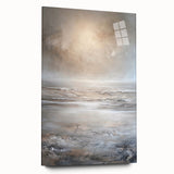 Acrylic glass wall art showcasing an abstract landscape design in vibrant colors, displayed from a side view, highlighting its sleek edges and modern aesthetic. Perfect for contemporary decor.