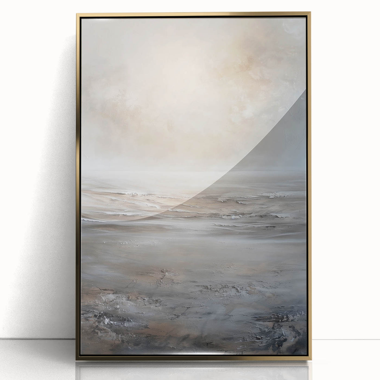 Framed abstract landscape wall art featuring vibrant gold accents, set in a modern display. Ideal for contemporary home decor, adding elegance to any space.