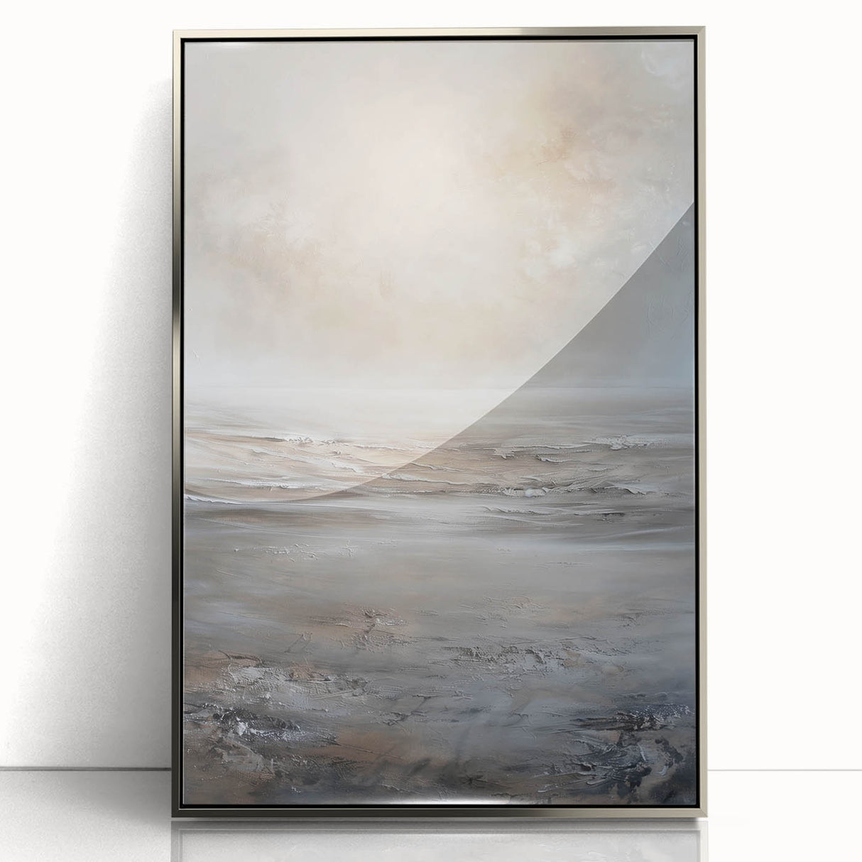 Framed acrylic wall art showcasing an abstract landscape design in silver tones, ideal for modern home decor, enhancing any living space with elegance.