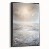 Framed abstract landscape wall art on a black canvas, showcasing vibrant colors and dynamic shapes, ideal for modern home decor. Side view displaying the sleek frame design.