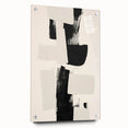 Abstract minimalist wall art featuring fluid shapes in muted tones of blue and beige, presented in a sleek acrylic glass frame, perfect for modern decor.