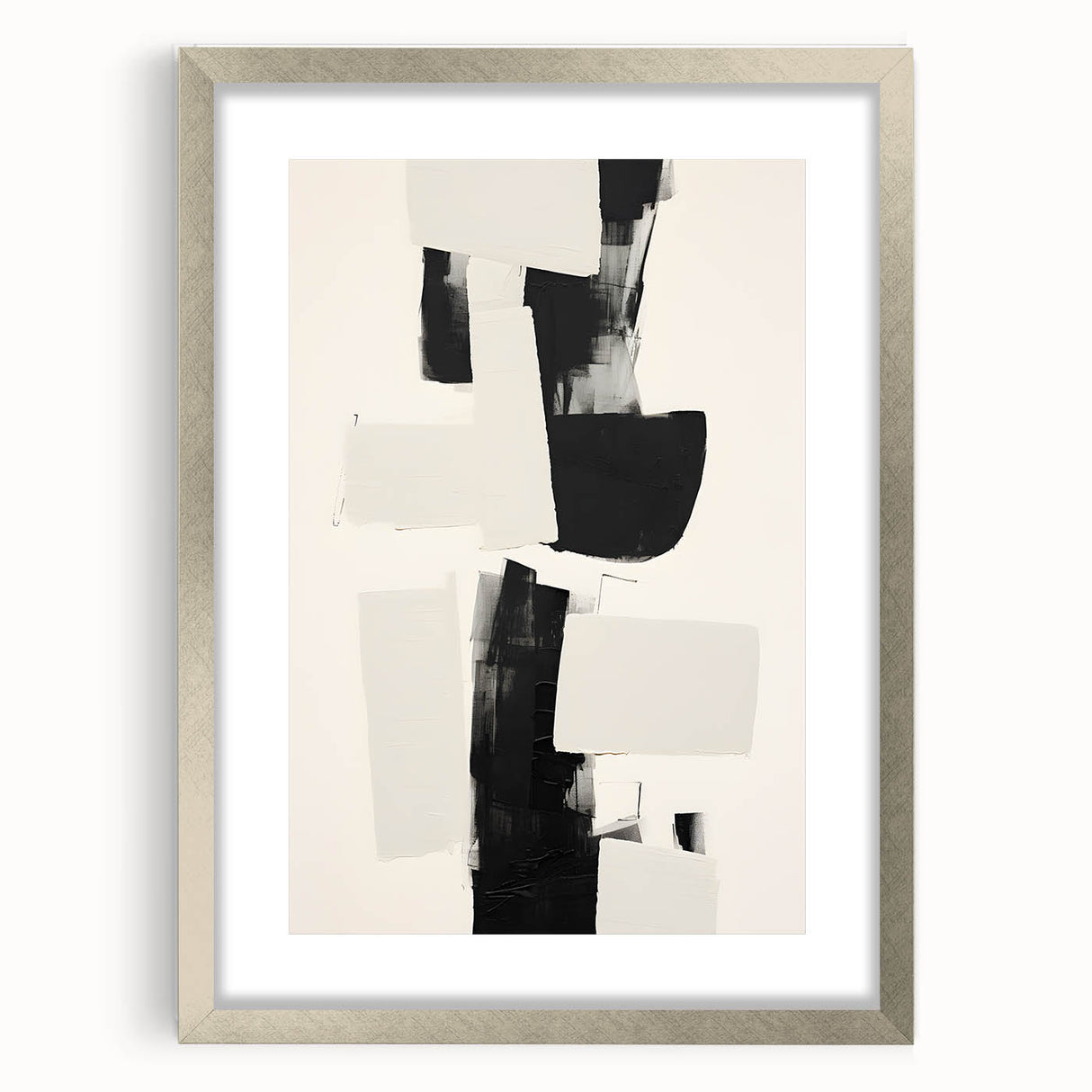 Abstract minimalist wall art framed with a silver mat, showcasing geometric shapes in muted colors, ideal for modern home decor and stylish interiors.