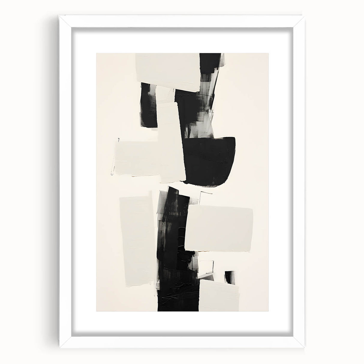 Abstract minimalist wall art framed with a white mat, showcasing soft pastel colors and geometric shapes, perfect for contemporary home decor or office spaces.