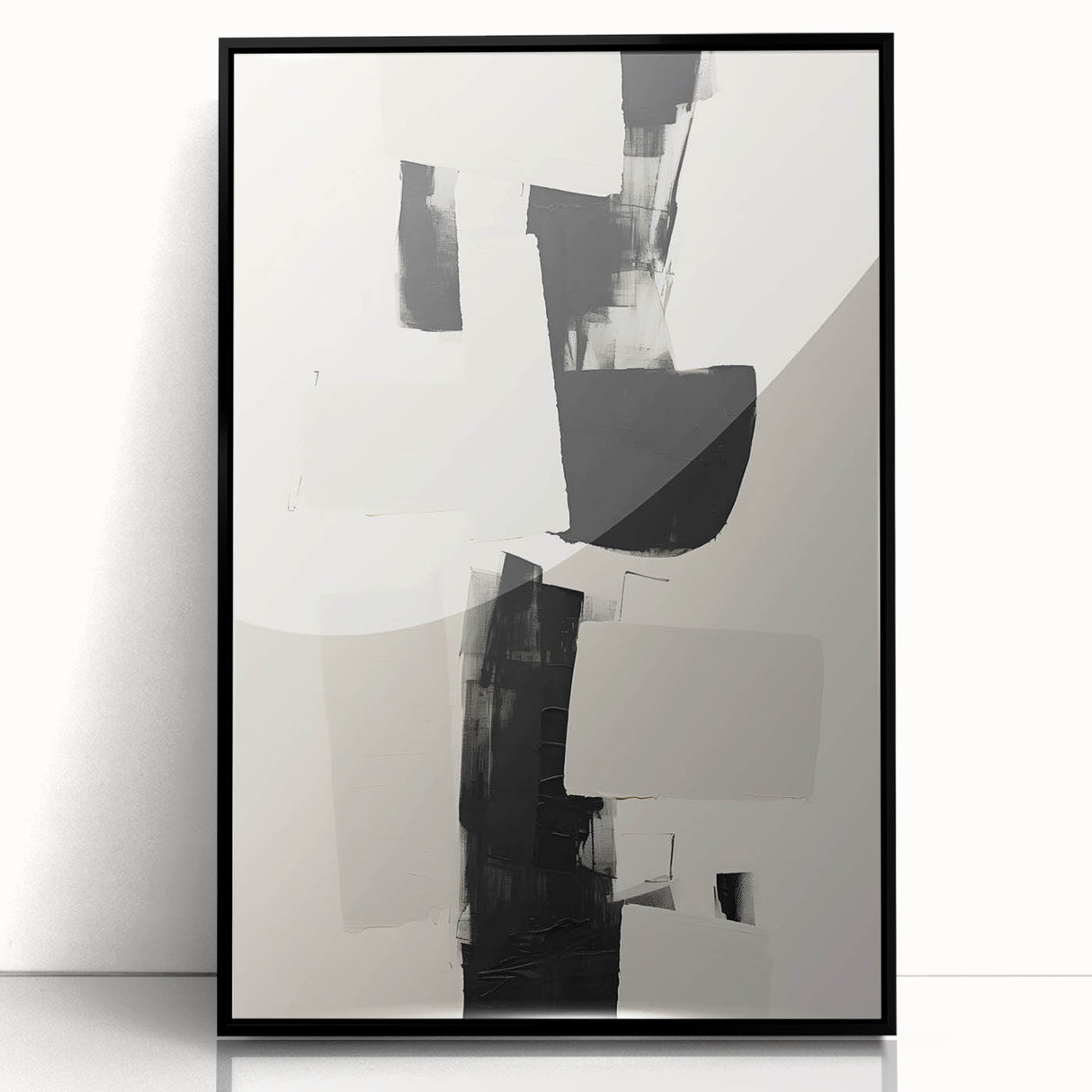 Framed minimalist wall art featuring an abstract design in black and white, showcasing clean lines and geometric shapes, perfect for modern home decor.