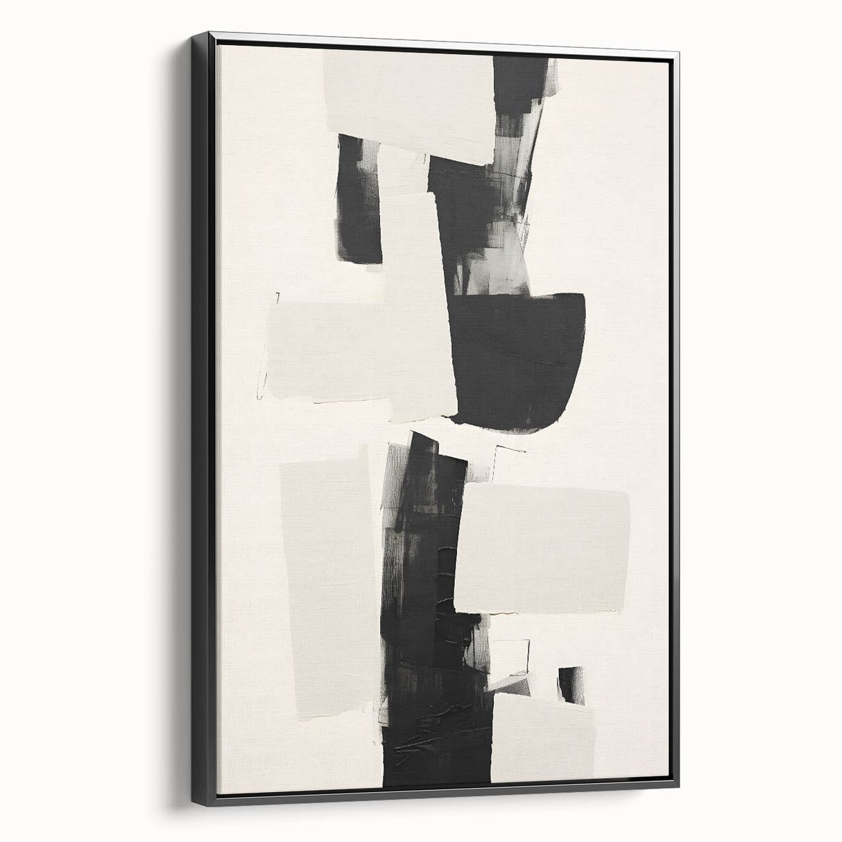 Framed minimalist abstract wall art showcasing dynamic black and white patterns, viewed from the side, ideal for modern home decor and artistic expression.