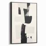 Framed minimalist abstract wall art showcasing dynamic black and white patterns, viewed from the side, ideal for modern home decor and artistic expression.