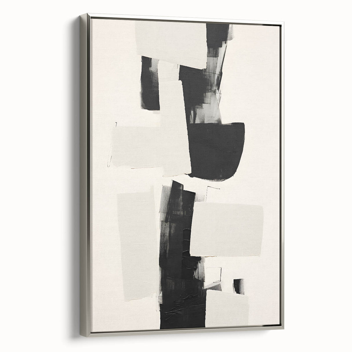 Framed minimalist abstract wall art showcasing a silver color palette, elegantly displayed from the side, perfect for modern home decor and interior design aesthetics.