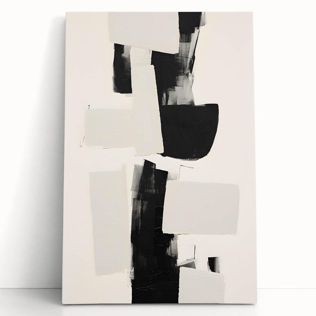 Abstract minimalist wall art print on stretched canvas, showcasing soft color gradients in shades of blue and beige, leaning against a neutral wall, adding contemporary flair to modern decor.