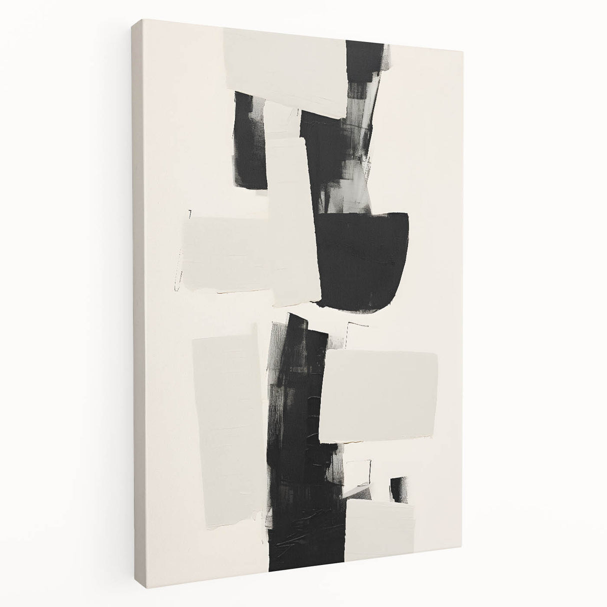 Abstract minimalist wall art on stretched canvas, showcasing geometric shapes in soft pastel colors. Side view highlights the depth and texture of the artwork, ideal for modern home decor.