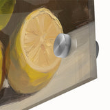 Large abstract wall art featuring assorted fruits in vibrant colors on acrylic glass, ideal for dining room decor.