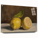 Large abstract wall art depicting assorted fruits in vibrant colors on acrylic glass, ideal for dining room decor.