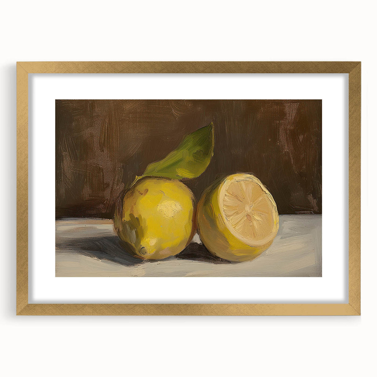 Extra large abstract art print featuring textured fruits in vibrant colors on a gold-framed canvas.