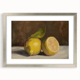 Textured art print featuring abstract fruit designs in vibrant colors on a silver-framed mat, ideal for bedroom decor.