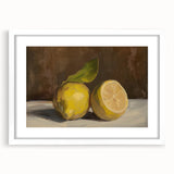 Abstract art print featuring assorted fruits in vibrant colors on a white matted frame, suitable for dining room decor.