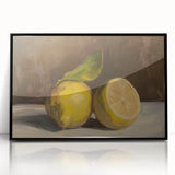 Large abstract wall art featuring assorted fruits in vibrant colors on a black acrylic framed print.