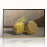 Large art print featuring assorted fruits in a mid-century modernist style, framed in gold acrylic.