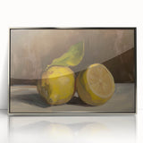 Mid-century modernist art depicting assorted fruits in vibrant colors on a silver-framed acrylic print.