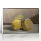 Acrylic print of assorted fruits in art deco style, with bold colors, framed in white, ideal for modern kitchen decor.