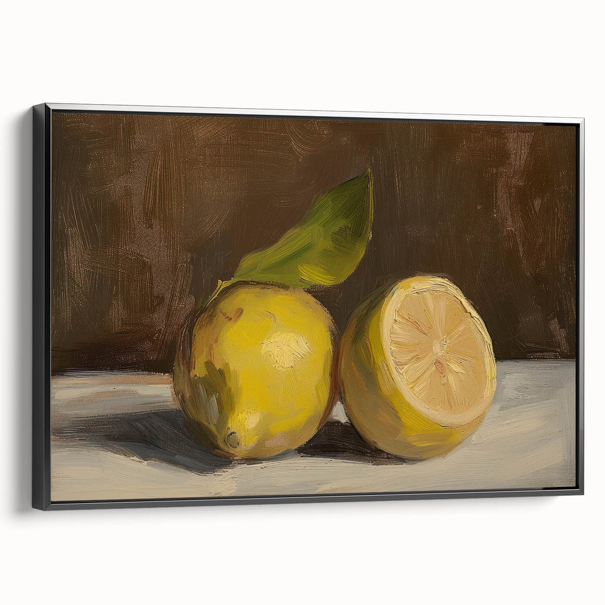 Black and white framed canvas featuring a vintage poster art style landscape with assorted fruits.